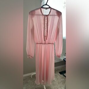 Elegant Vintage Pink Long Sleeve Midi Dress